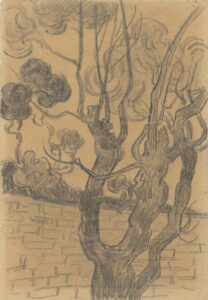 Amandelboom en muur in de tuin van de inrichting Vincent van Gogh (1853 - 1890), Saint-Rémy-de-Provence, oktober 1889