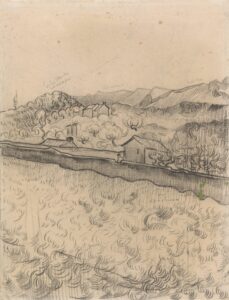 Berglandschap achter het ommuurde korenveld Vincent van Gogh (1853 - 1890), Saint-Rémy-de-Provence, februari 1890