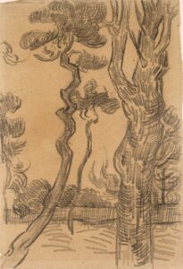 Bomen en muur in de tuin van de inrichting Vincent van Gogh (1853 - 1890), Saint-Rémy-de-Provence, oktober 1889