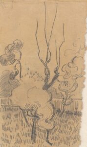Bomen en muur in de tuin van de inrichting Vincent van Gogh (1853 - 1890), Saint-Rémy-de-Provence, oktober 1889