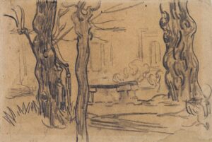 Bomen, stenen bank en fontein in de tuin van de inrichting Vincent van Gogh (1853 - 1890), Saint-Rémy-de-Provence, oktober 1889