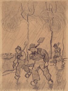 Drie mannen met schoppen op een weg in de regen Vincent van Gogh (1853 - 1890), Saint-Rémy-de-Provence, maart-april 1890