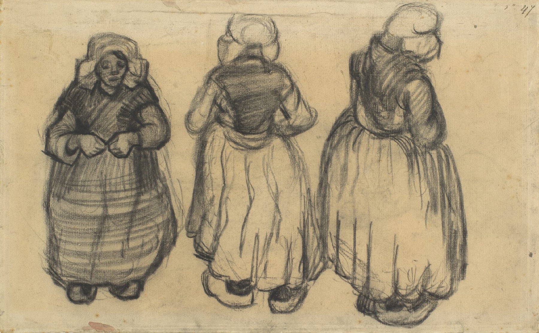 Drie studies van een vrouw met omslagdoek Vincent van Gogh (1853 - 1890), Nuenen, mei-juni 1885