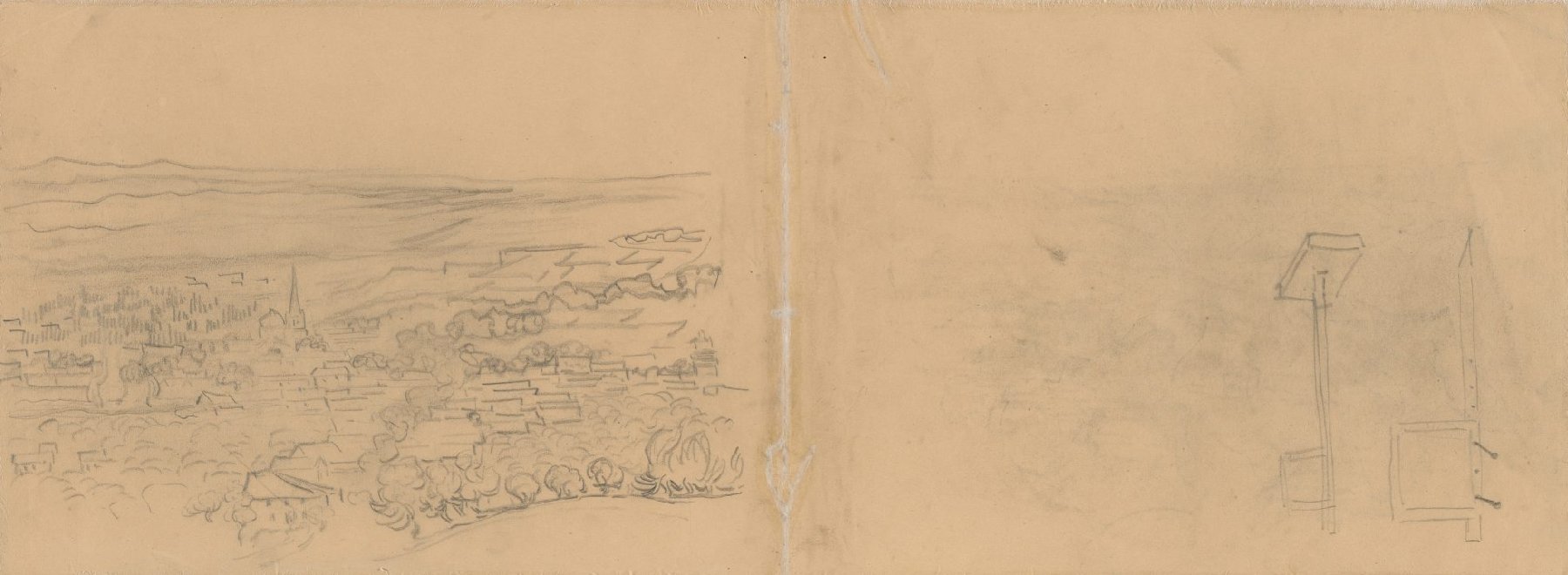 Gezicht op Saint-Rémy en schetsen van een perspectiefraam Vincent van Gogh (1853 - 1890), Saint-Rémy-de-Provence, mei-juni 1889