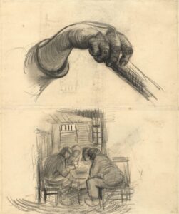 Hand met stok, en vier personen aan de maaltijd Vincent van Gogh (1853 - 1890), Nuenen, maart-april 1885