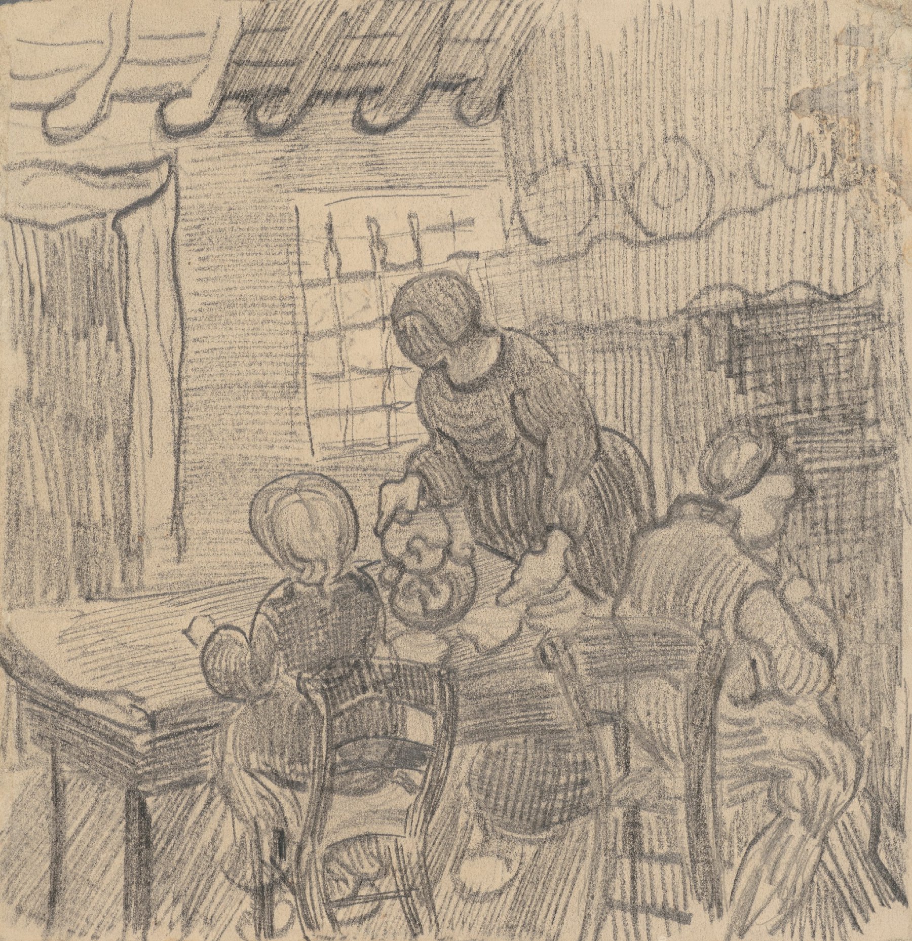 Interieur met drie figuren bij een tafel Vincent van Gogh (1853 - 1890), Saint-Rémy-de-Provence, maart-april 1890