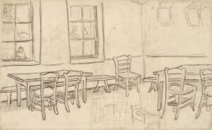 Interieur met tafels en stoelen en schets van De slaapkamer Vincent van Gogh (1853 - 1890), Auvers-sur-Oise, juni-juli 1890