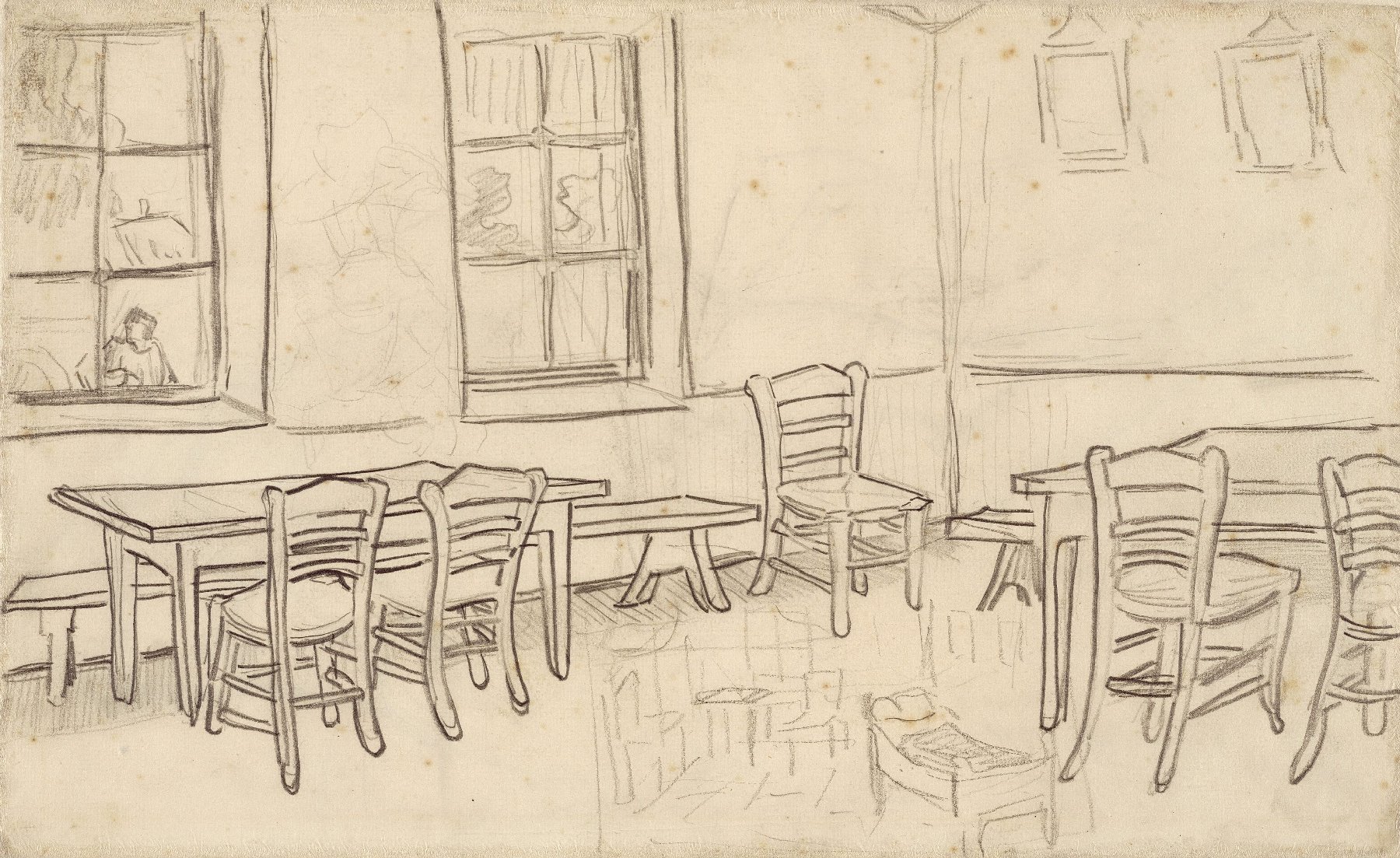 Interieur met tafels en stoelen en schets van De slaapkamer Vincent van Gogh (1853 - 1890), Auvers-sur-Oise, juni-juli 1890