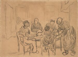 Interieur met vijf figuren rond een tafel Vincent van Gogh (1853 - 1890), Saint-Rémy-de-Provence, maart-april 1890