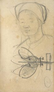 Kop van een vrouw en mogelijk een constructietekening Vincent van Gogh (1853 - 1890), Nuenen, november 1884-september 1885