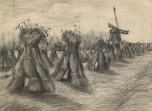 Korenschelven en een molen Vincent van Gogh (1853 - 1890), Nuenen, augustus 1885