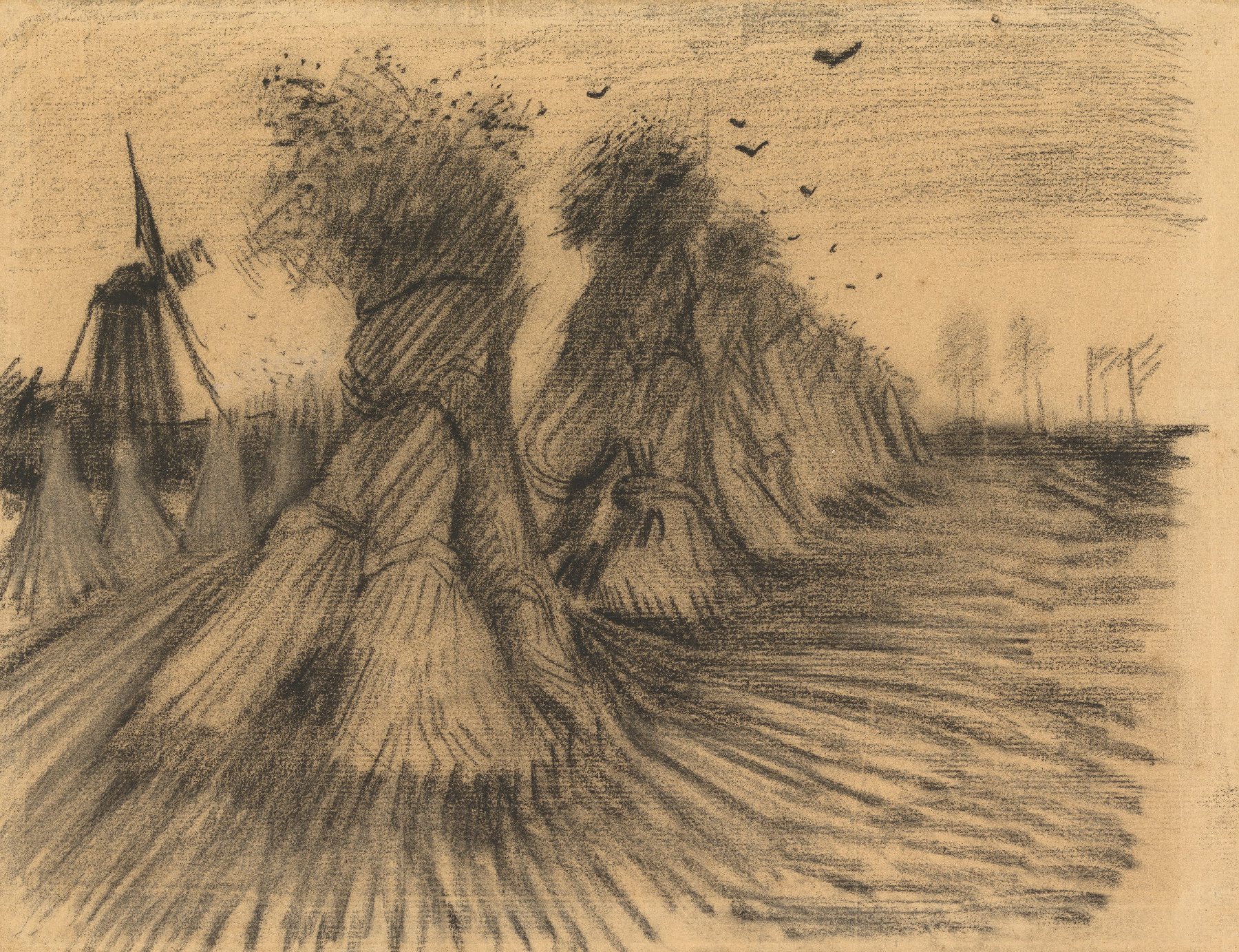 Korenschelven op de akker en een molen Vincent van Gogh (1853 - 1890), Nuenen, augustus 1885