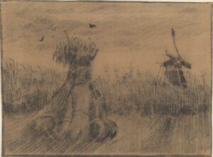 Korenveld met korenschelf en molen Vincent van Gogh (1853 - 1890), Nuenen, augustus 1885