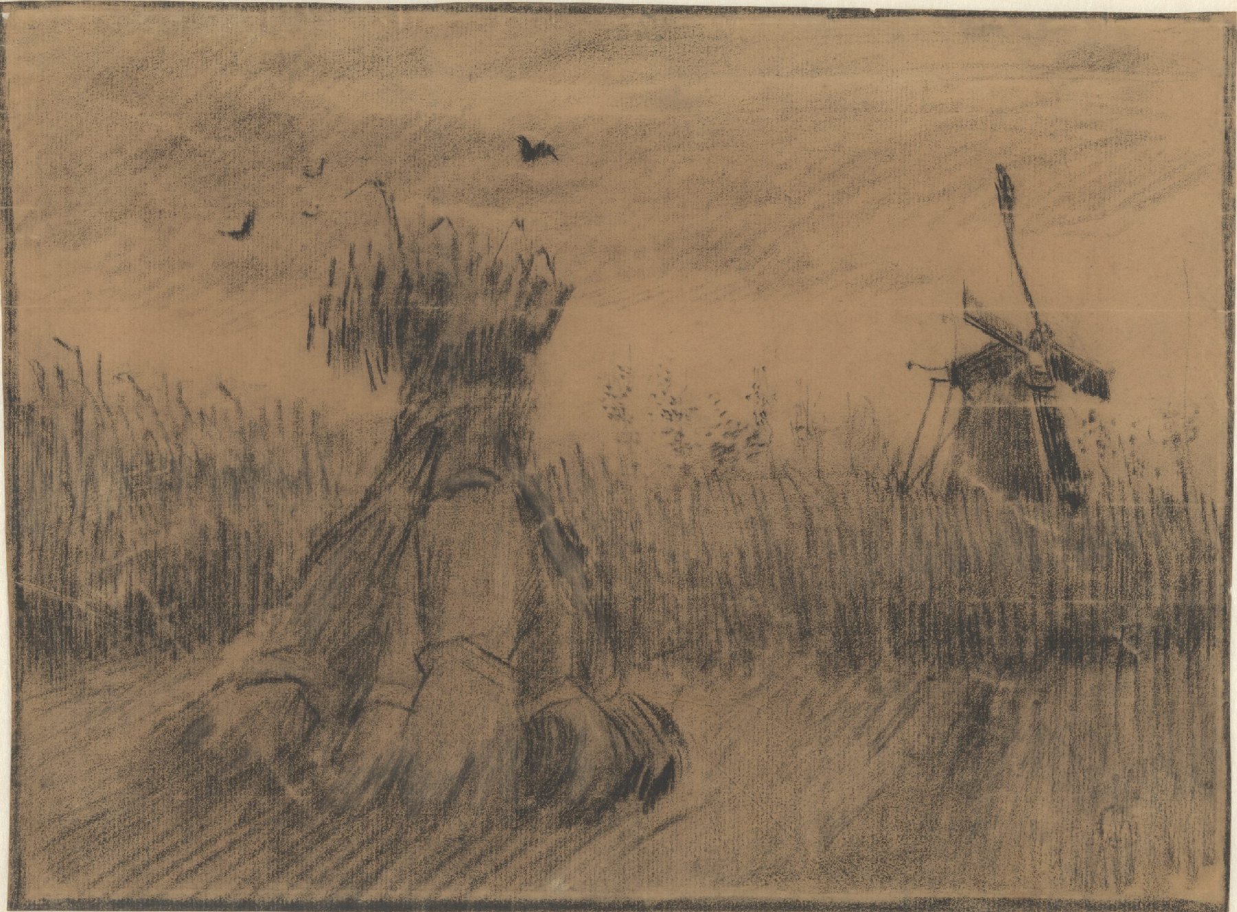 Korenveld met korenschelf en molen Vincent van Gogh (1853 - 1890), Nuenen, augustus 1885