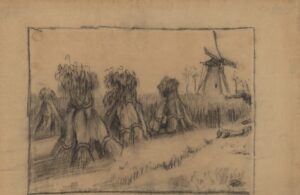 Korenveld met korenschelven en een molen Vincent van Gogh (1853 - 1890), Nuenen, augustus 1885