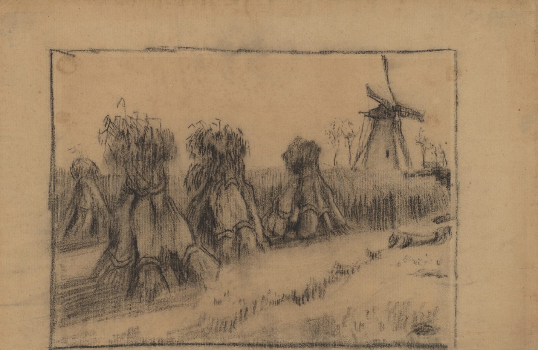 Korenveld met korenschelven en een molen Vincent van Gogh (1853 - 1890), Nuenen, augustus 1885