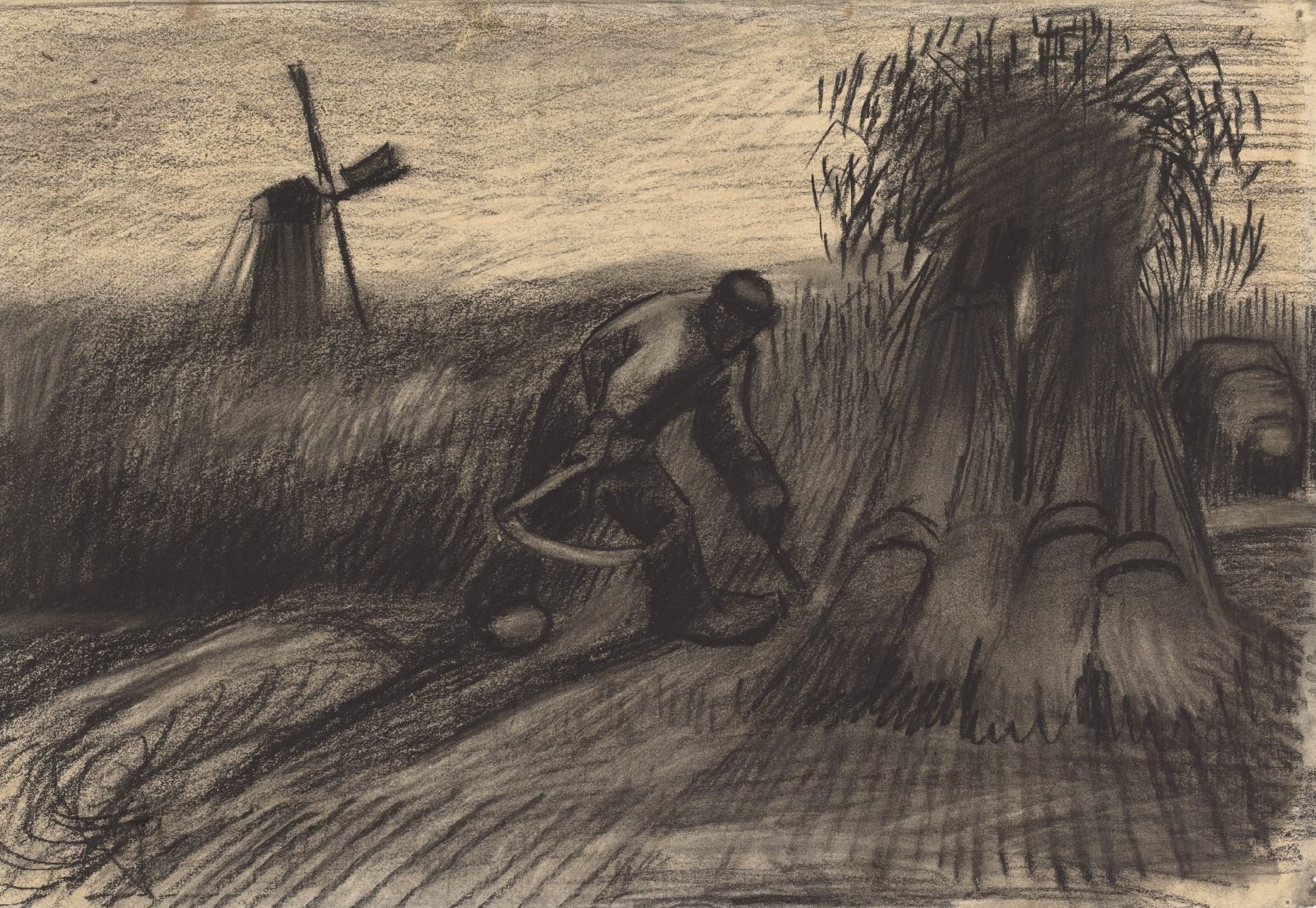 Korenveld met maaier en schovenbindende boerin Vincent van Gogh (1853 - 1890), Nuenen, augustus 1885