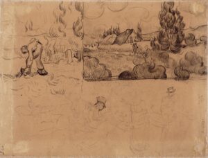Landschap met cipressen en studies van figuren Vincent van Gogh (1853 - 1890), Saint-Rémy-de-Provence, maart-april 1890