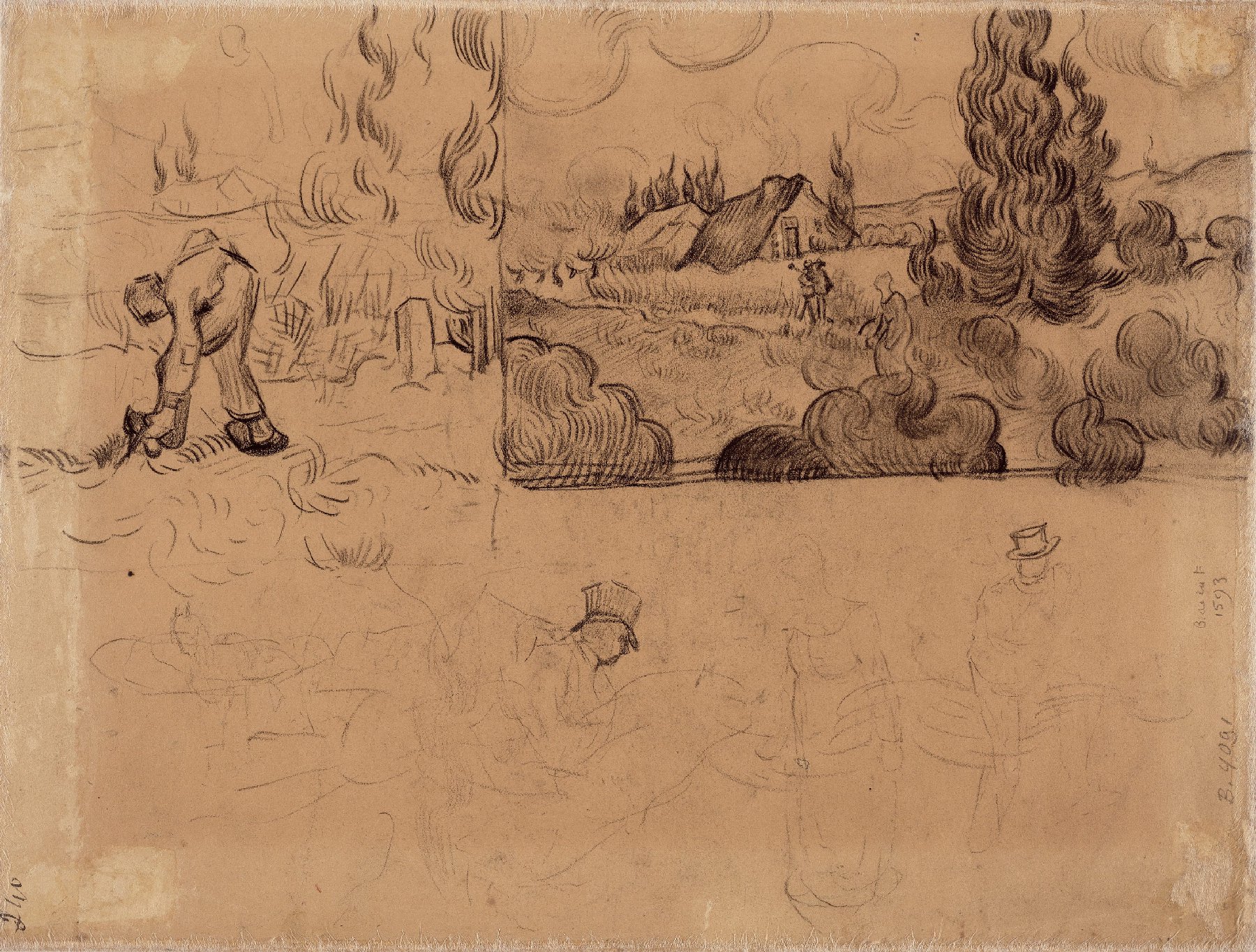 Landschap met cipressen en studies van figuren Vincent van Gogh (1853 - 1890), Saint-Rémy-de-Provence, maart-april 1890