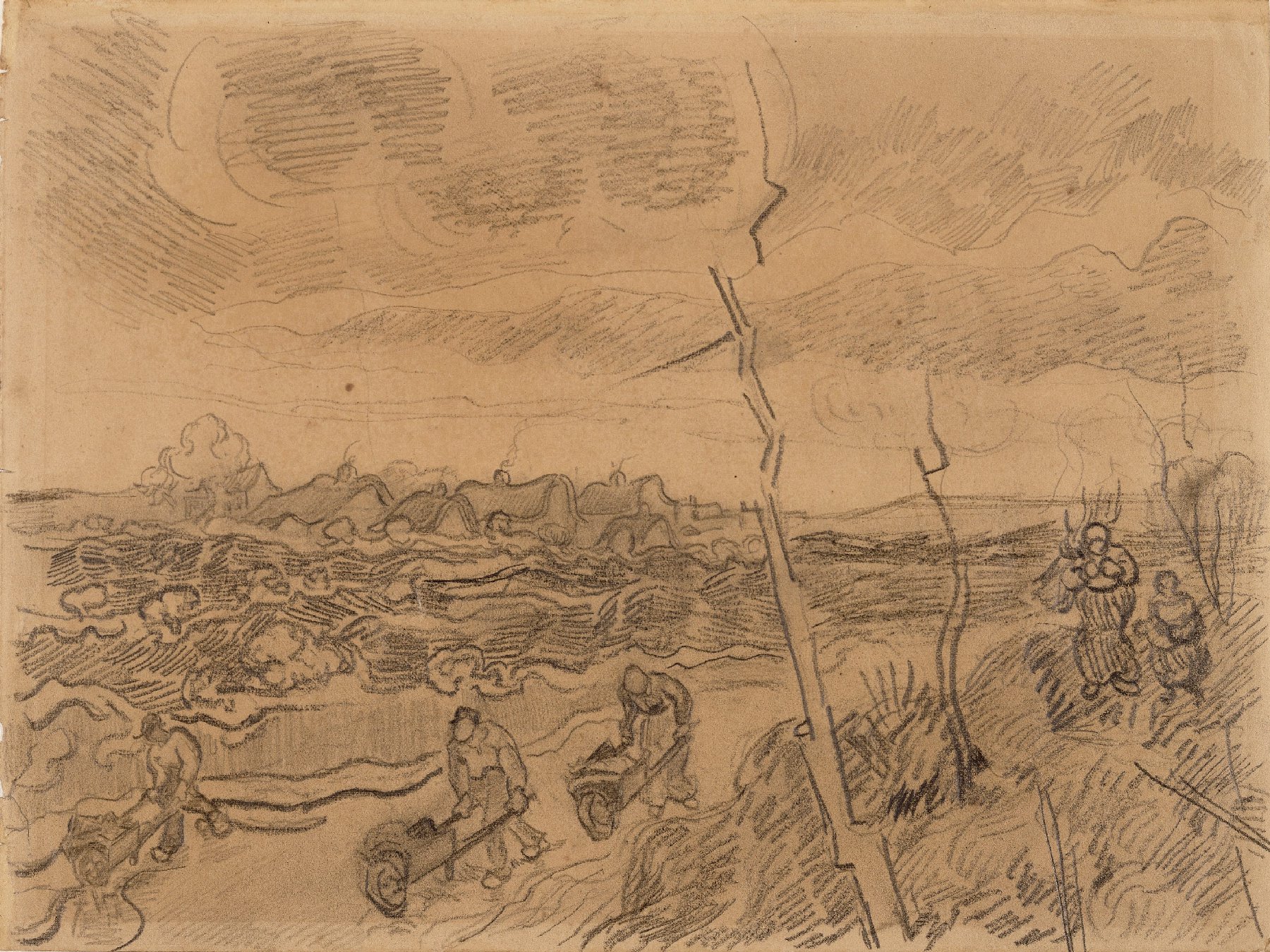 Landschap met figuren met kruiwagens Vincent van Gogh (1853 - 1890), Saint-Rémy-de-Provence, maart-april 1890