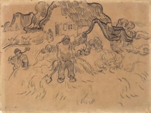Landschap met huizen en twee mannen met een schop Vincent van Gogh (1853 - 1890), Saint-Rémy-de-Provence, maart-april 1890