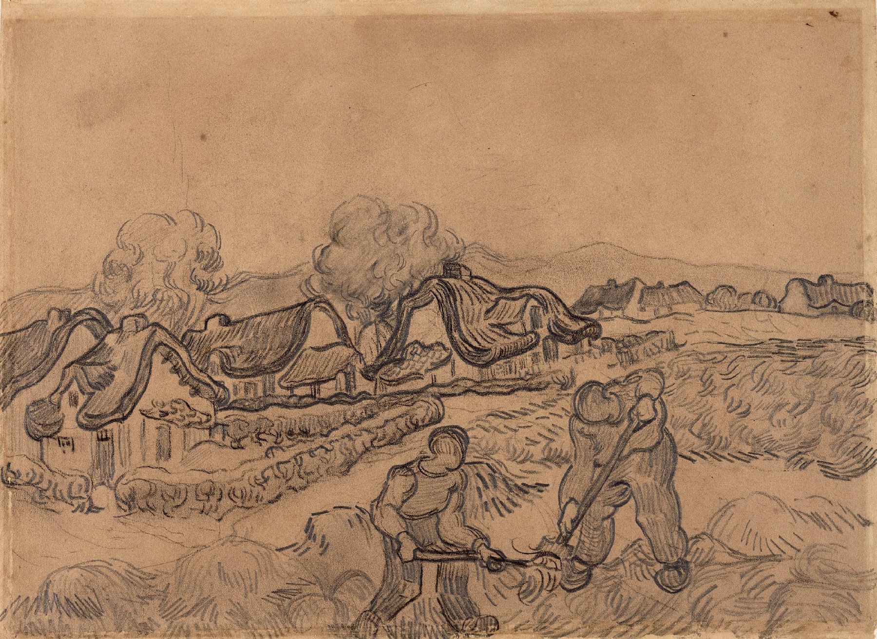 Landschap met huizen en twee spittende mannen Vincent van Gogh (1853 - 1890), Saint-Rémy-de-Provence, maart-april 1890