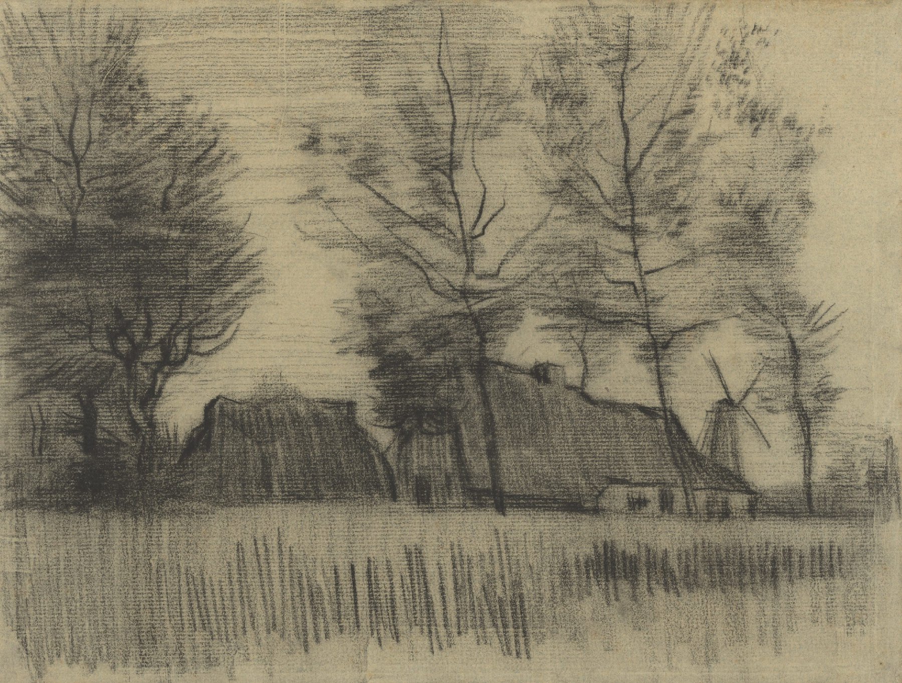 Landschap met hutten en een molen Vincent van Gogh (1853 - 1890), Nuenen, juni-augustus 1885