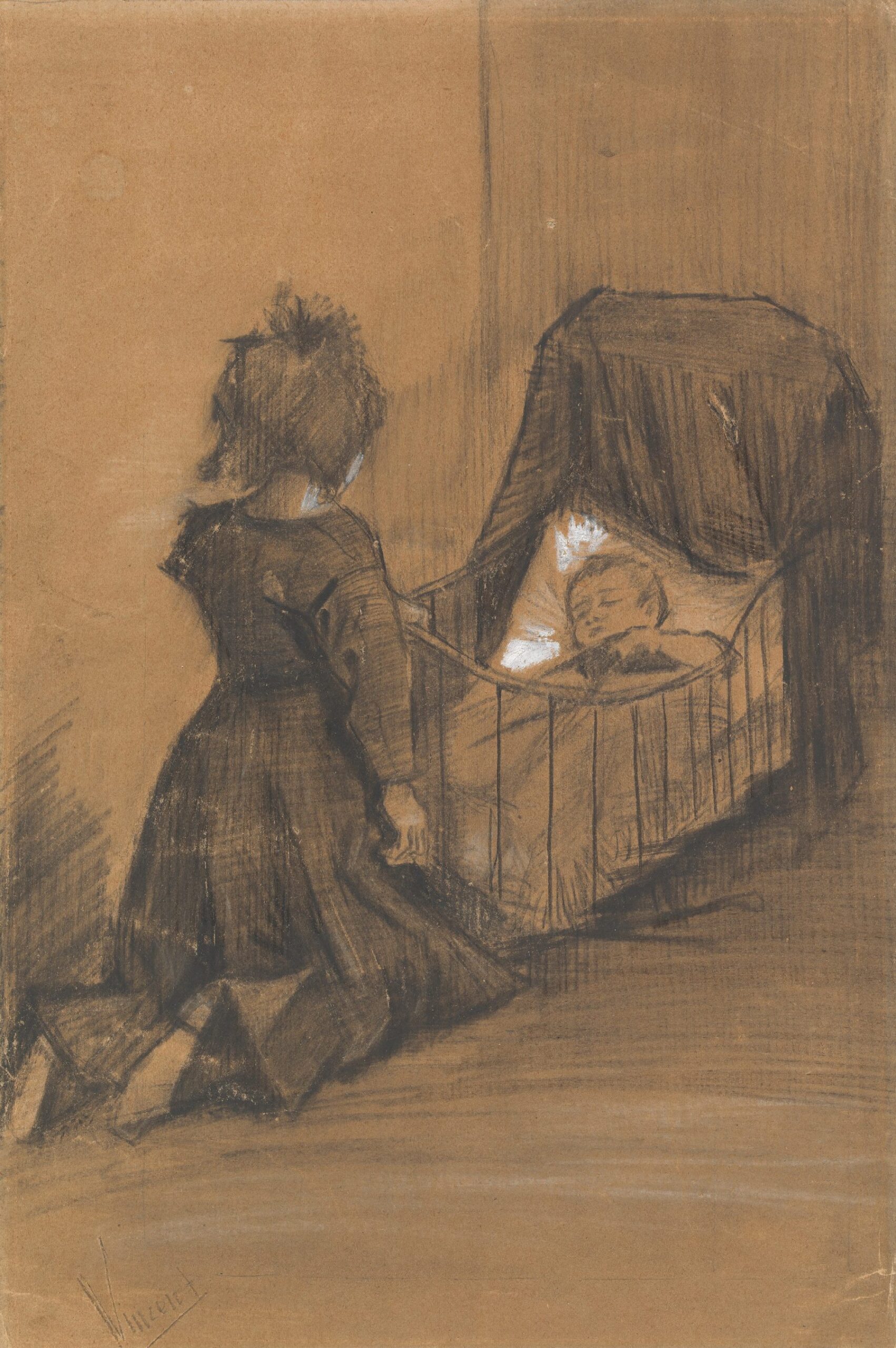 Meisje geknield bij een wieg Vincent van Gogh (1853 - 1890), Den Haag, maart 1883
