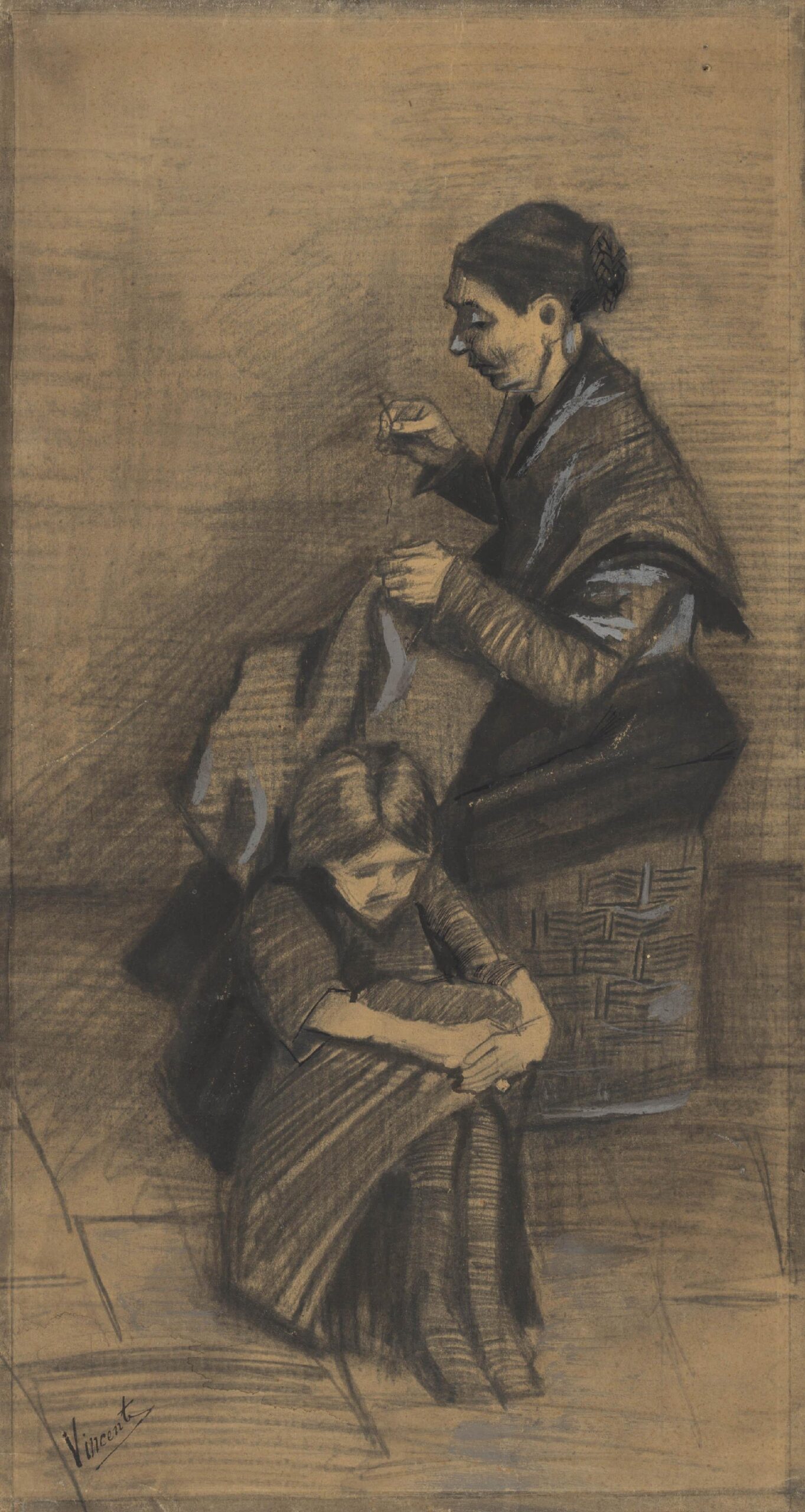 Naaiende vrouw met meisje Vincent van Gogh (1853 - 1890), Den Haag, maart 1883