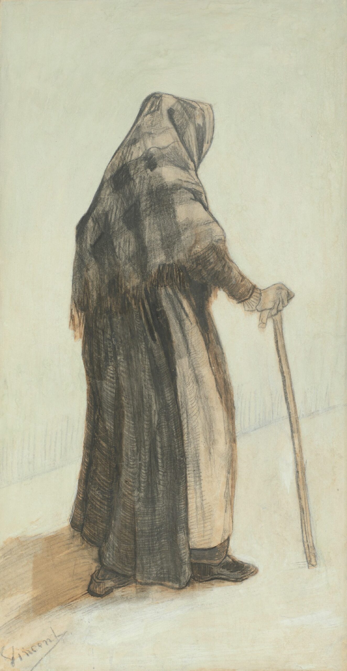 Oude vrouw met omslagdoek en wandelstok Vincent van Gogh (1853 - 1890), Den Haag, maart 1882