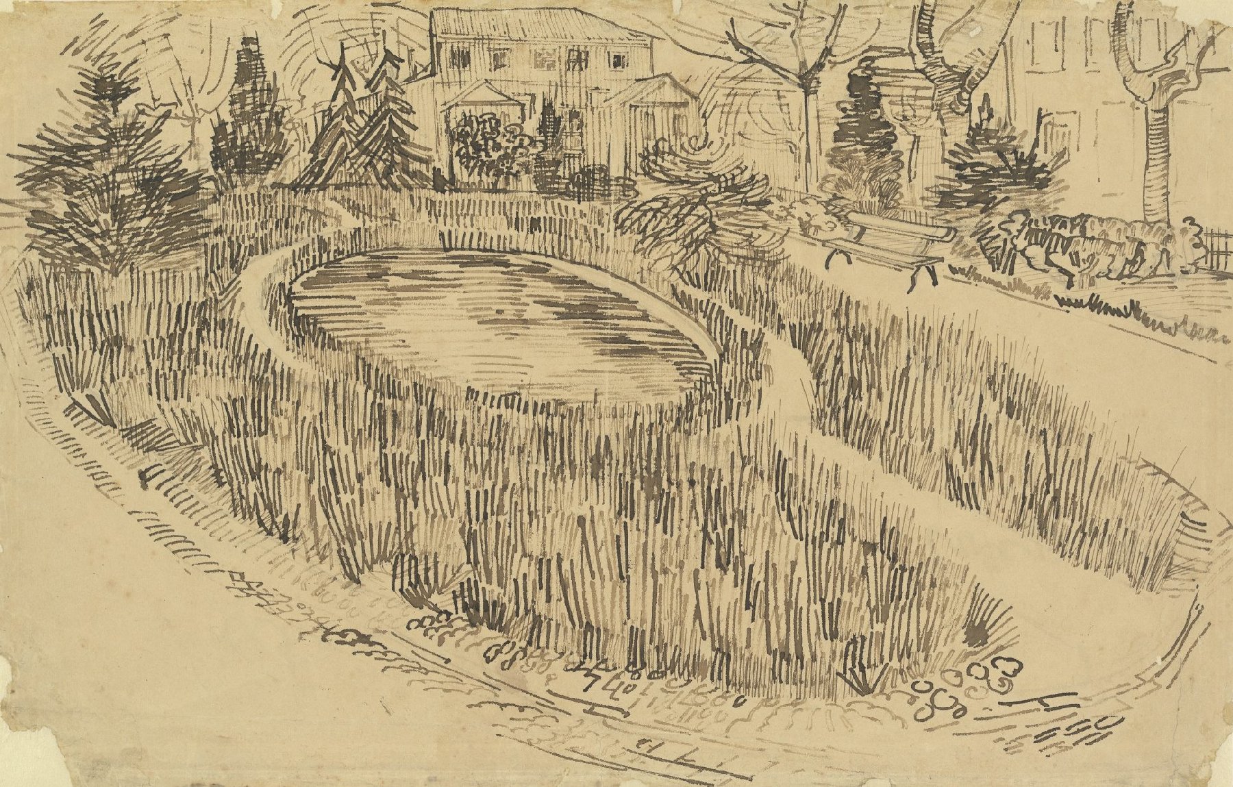 Park met vijver voor het Gele Huis Vincent van Gogh (1853 - 1890), Arles, april 1888