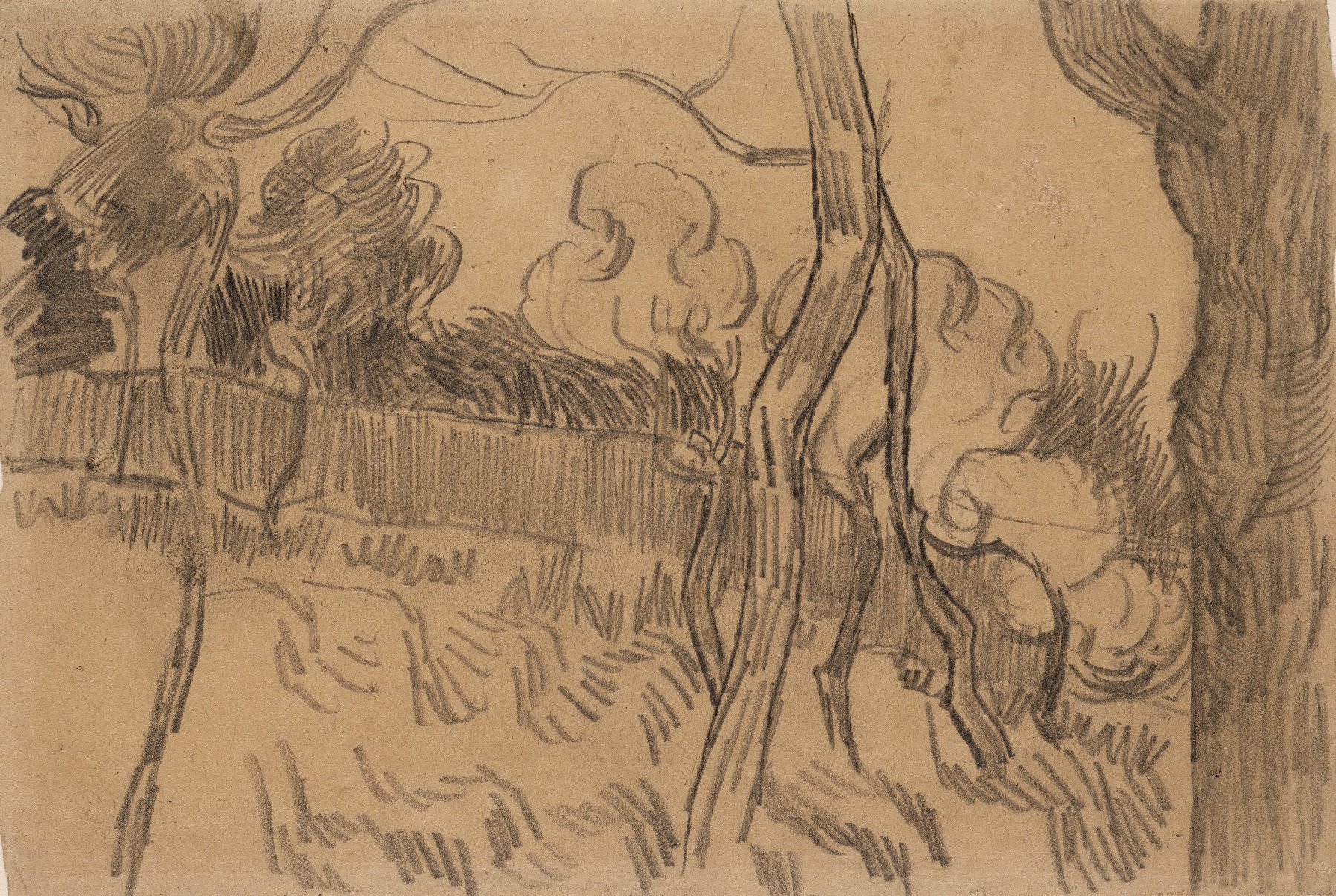 Pijnbomen en muur in de tuin van de inrichting Vincent van Gogh (1853 - 1890), Saint-Rémy-de-Provence, oktober 1889