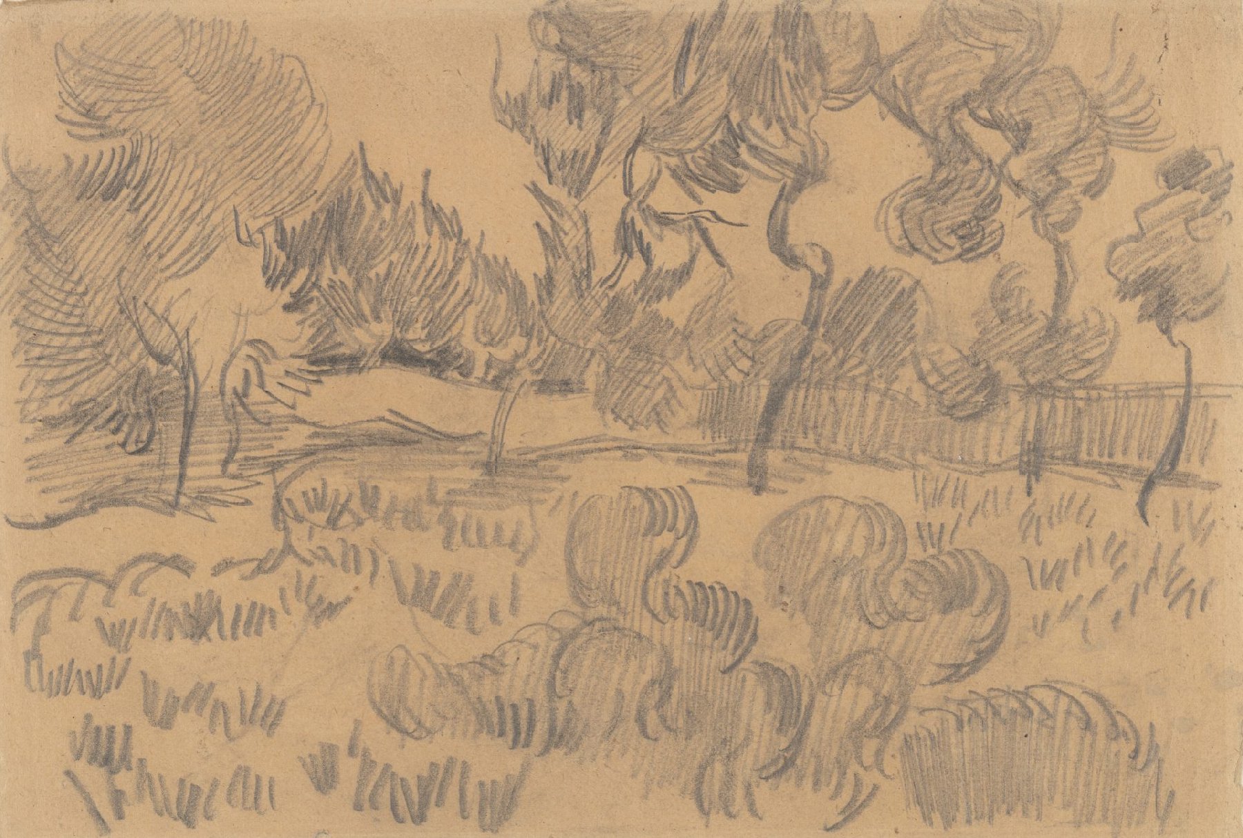 (Pijn)bomen en muur in de tuin van de inrichting Vincent van Gogh (1853 - 1890), Saint-Rémy-de-Provence, oktober 1889
