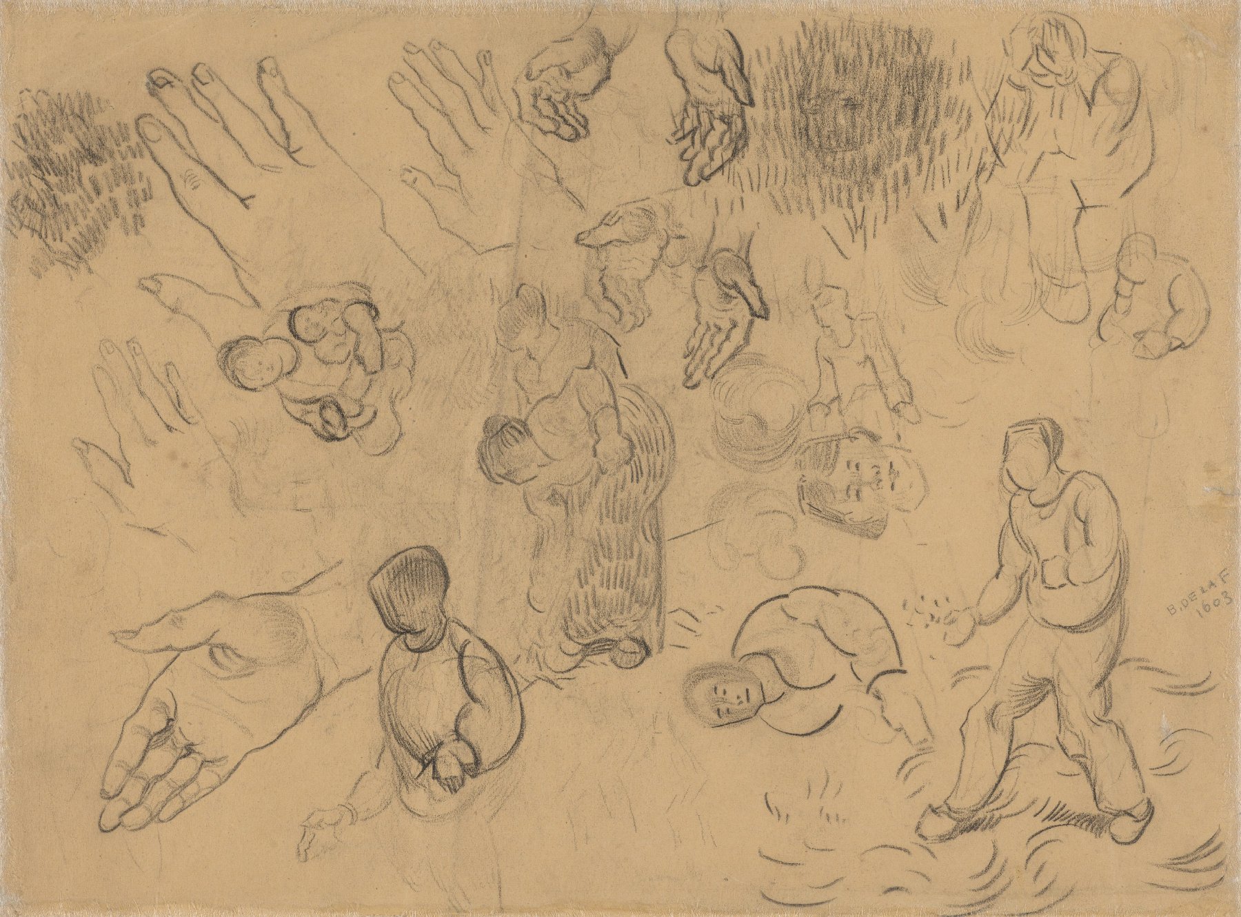 Schetsen van figuren en studies van een hand Vincent van Gogh (1853 - 1890), Saint-Rémy-de-Provence, maart-april 1890