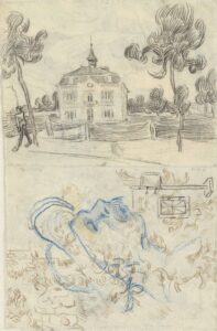 Stadhuis van Auvers en kop van een man Vincent van Gogh (1853 - 1890), Auvers-sur-Oise, juni-juli 1890