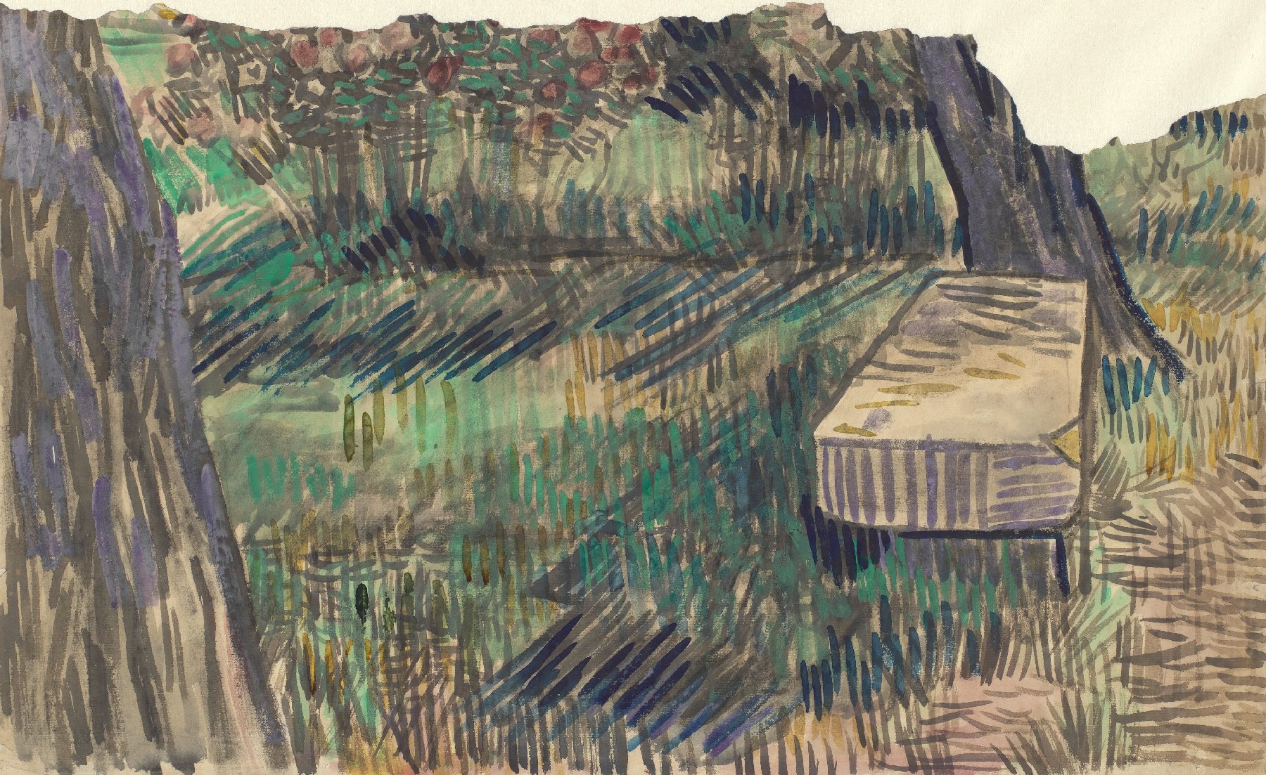 Stenen bank in de tuin van de inrichting Vincent van Gogh (1853 - 1890), Saint-Rémy-de-Provence, mei-juni 1889