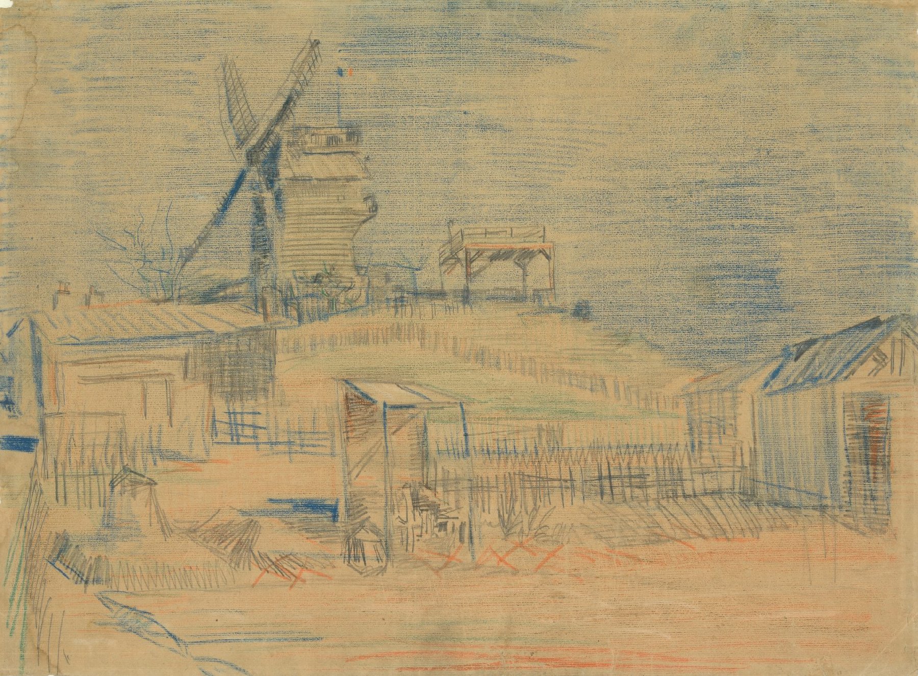 Tuinen op Montmartre en de molen Le Blute-fin Vincent van Gogh (1853 - 1890), Parijs, februari-maart 1887