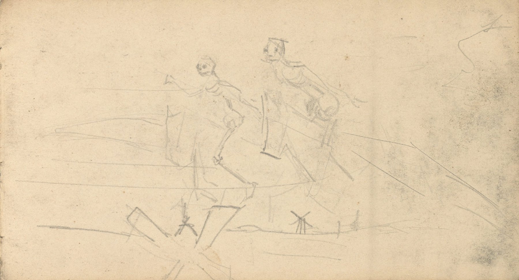 Twee skeletten te paard en windmolens Vincent van Gogh (1853 - 1890), Parijs, februari-juni 1886