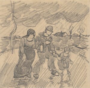 Wandelend paar met kind op een weg in de regen Vincent van Gogh (1853 - 1890), Saint-Rémy-de-Provence, maart-april 1890