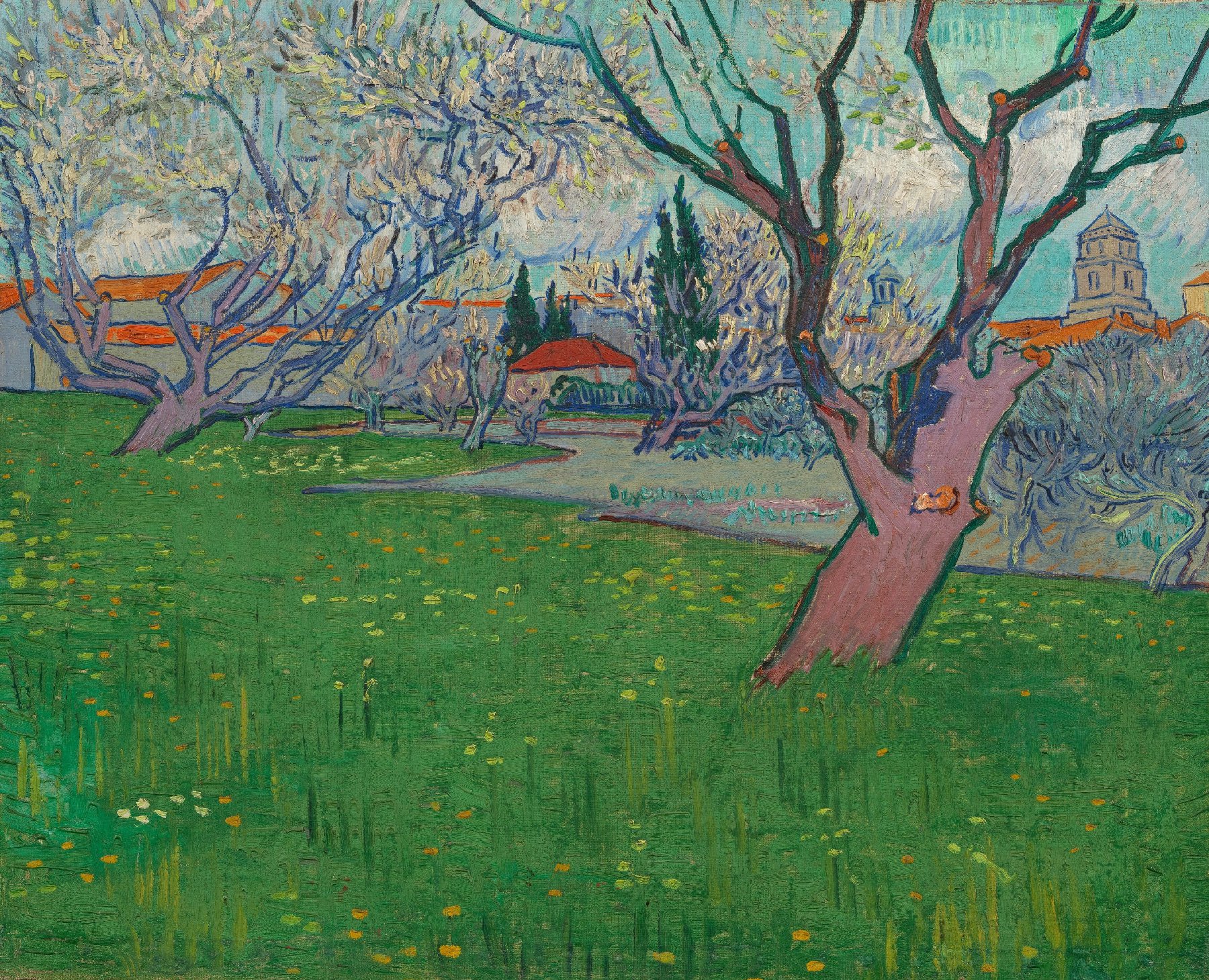 Bloeiende boomgaarden, gezicht op Arles Vincent van Gogh (1853 - 1890), Arles, april 1889