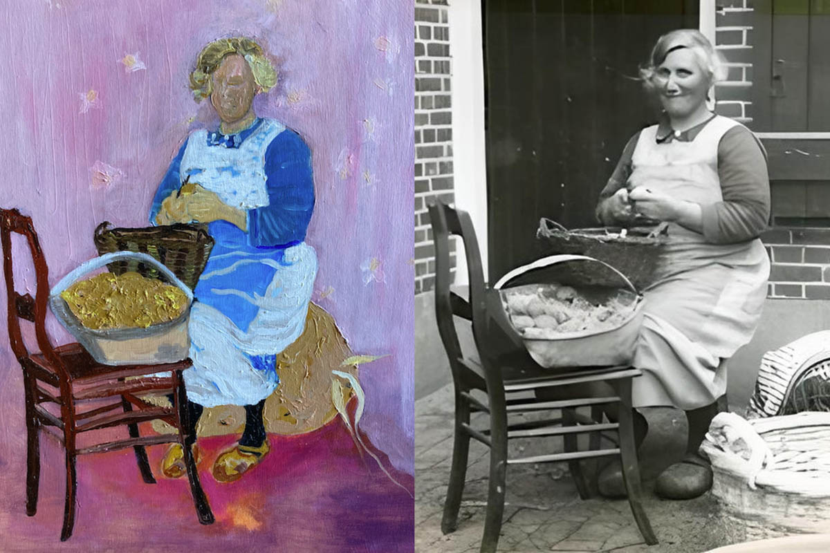 De maïs is belangrijker in PATATE pizza dan het eten. 30 BC EN VanGoghHuis Collage aardappelschilster Katrien en van Gogh
