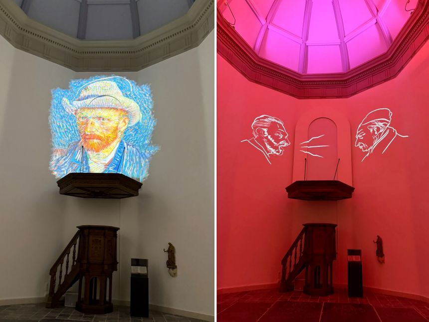 Vijf tips voor Nationaal Park Van Gogh 47 Projecties van portret van Van Gogh en ruziënde Van Gogh met zijn vader