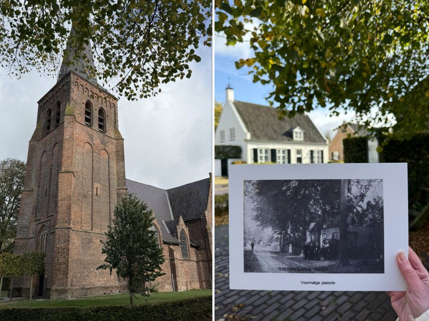Kerk en foto van pastorie die opgehouden wordt door een hand voor de pastorie