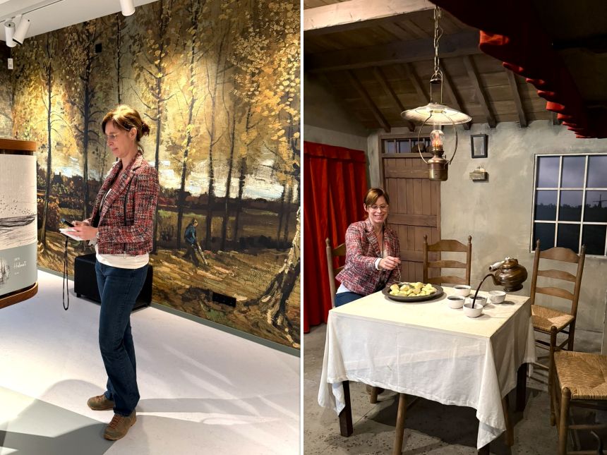 Vrouw voor achtergrond van schilderij van Van Gogh; vrouw in decor van schilderij De Aardappeleters