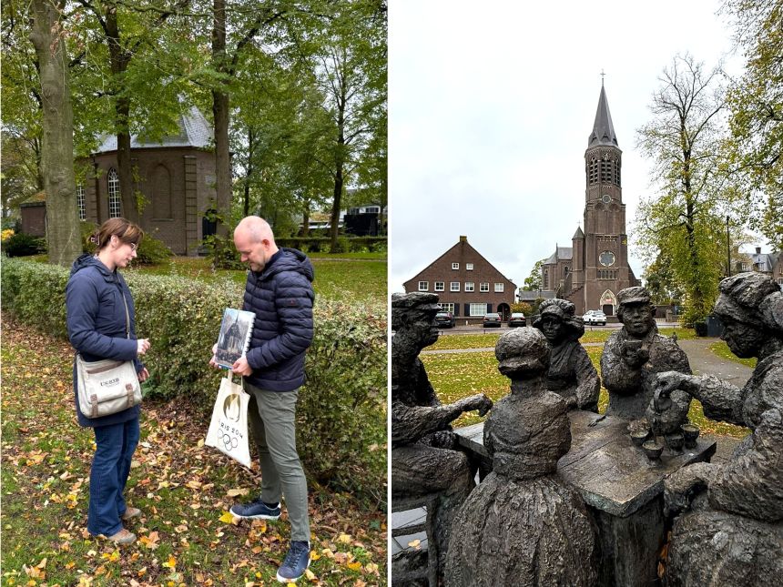man en vrouw voor een klein kerkje; beeld van de Aardappeleters voor een grote kerk