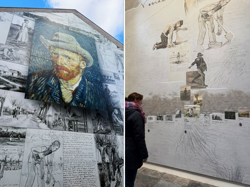 Wand met portret van Van Gogh en wand met tijdslijn met vrouw ervoor