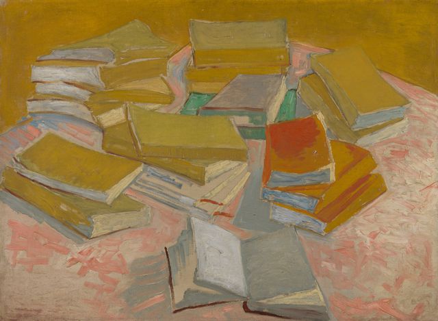Van Gogh hield van helder. We zien echter een unieke kleur geel dan wat hij afgebeeld heeft. 12 Vincent van Gogh, Stacks van Europese boeken, Parijs, oktober-november 1887, olieverf op doek, 54. 4 inch bij 73. 15 centimeter.
